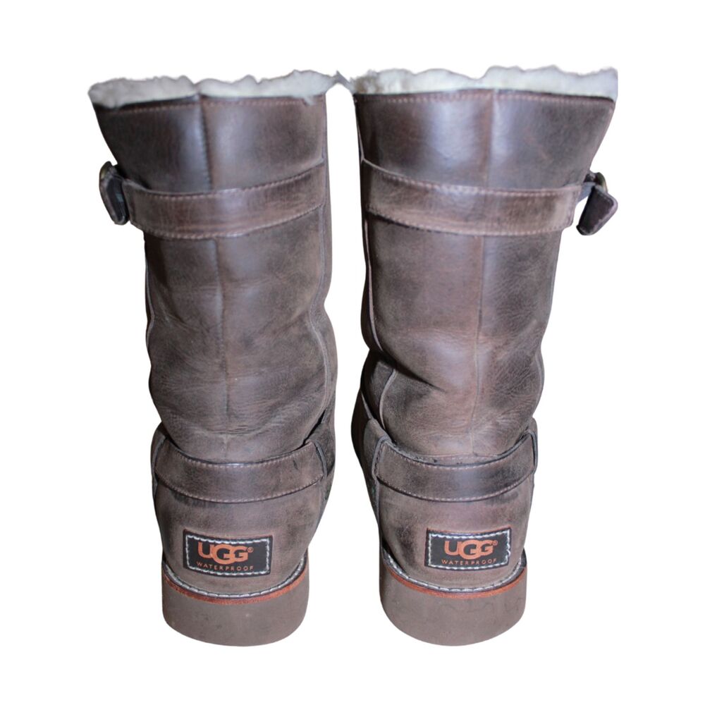 UGG Noira Brown Leather Waterproof Sheepskin Moto Biker Boots Size 9 - Picture 3 of 7